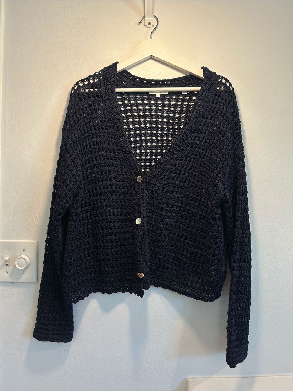 Vince Organic Cotton Open-Knit V-Neck Cardigan Sweater in Navy